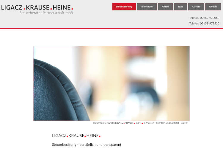 Klares Webdesign mit souveräner Typografie für die Steuerberaterkanzlei Ligacz, Krause und Heine